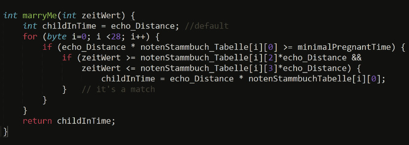 
					int marryMe(int zeitWert) {
						int childInTime = echo_Distance; //default
    					for (byte i=0; i <28; i++) {
        					if (echo_Distance * notenStammbuch_Tabelle[i][0] >= minimalPregnantTime) {
            					if (zeitWert >= notenStammbuch_Tabelle[i][2]*echo_Distance && 
                					zeitWert <= notenStammbuch_Tabelle[i][3]*echo_Distance) {
                    					childInTime = echo_Distance * notenStammbuchTabelle[i][0]; 
            					}   // it's a match
        					}	
    					}
    					return childInTime;
					}
